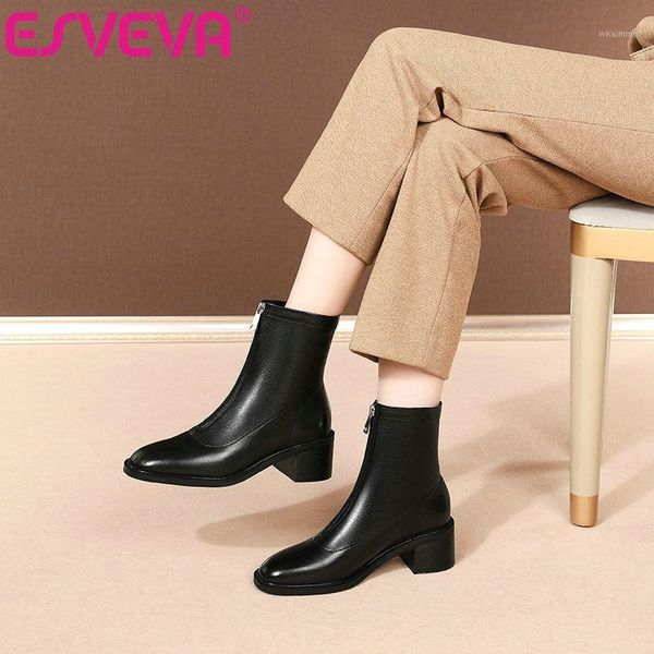 

boots esveva 2021 square med heel quality pu+leather women shoes round toe ankle zipper fashion ladies pumps big size 34-411, Black