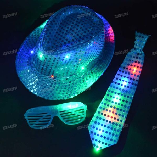 

kids fedora led flashing sequins light jazz cap hip hop hat eye glasses wear tie glowing party home decor birthday