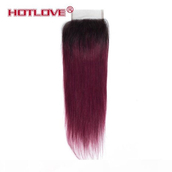 

ove 1b 99j ombre hair lace closure with baby hair medium brown lace 100% brazilian straight human hair, Black