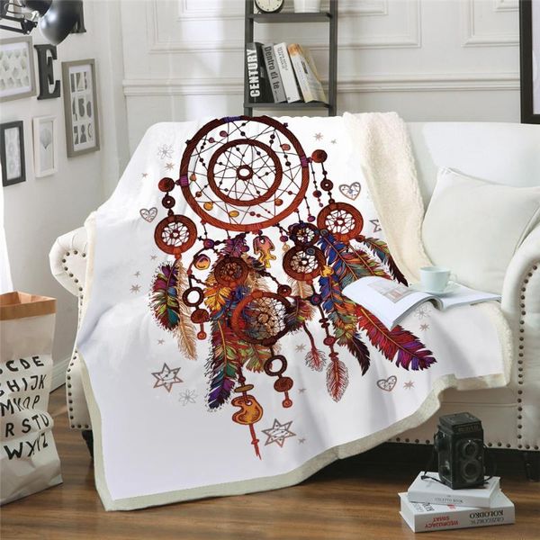 

blankets dreamcatcher print fleece sherpa throw blanket,feathers printed bed couch blankets, thick double-layer plush throws