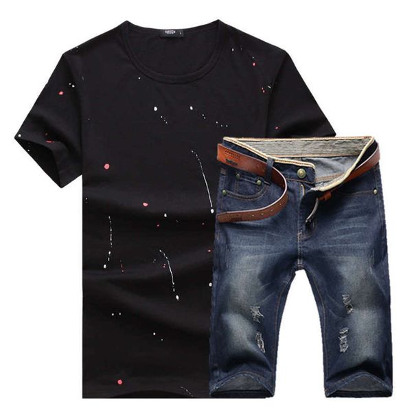 

summer 2020 new sports suit men's t-shirt jeans shorts korean version slim casual youth two piece set, Gray