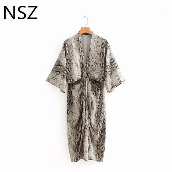 

women snake dress animal print half sleeve high waist v neck knee-length split street style elegant party dresses1, White;black