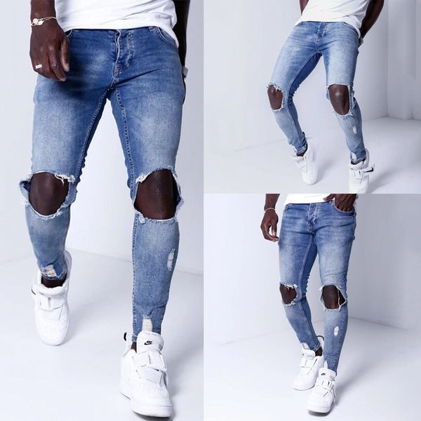 

men's 2021 euro size knee hole light blue pants personalized fashion jeans