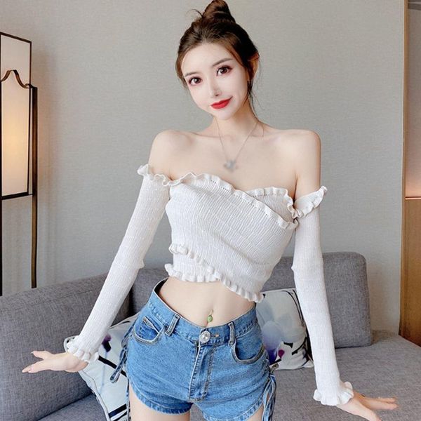 

2020 женского рассечение шея оборки sexy exposed navel трикотажного с длинным рукавом t-shirt tops, White
