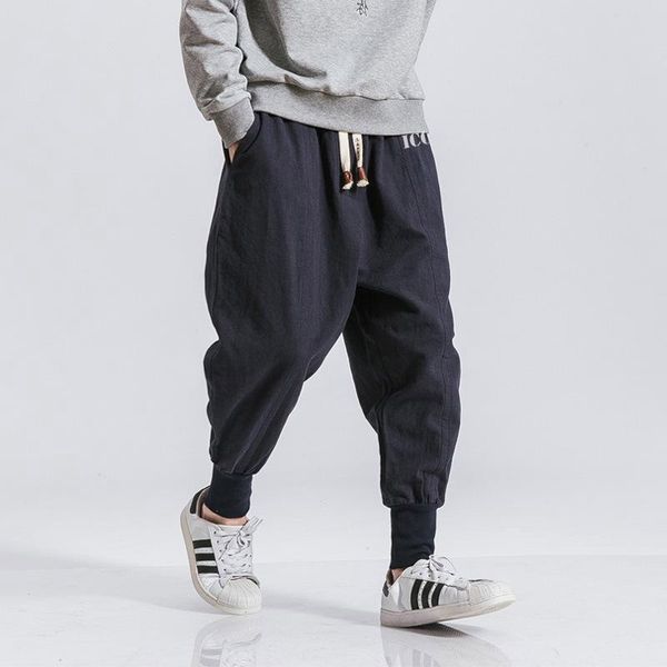 

men's pants sweatpants solid color harajuku chinese style casual straight harem loose drawstring full length cotton thick trousers, Black