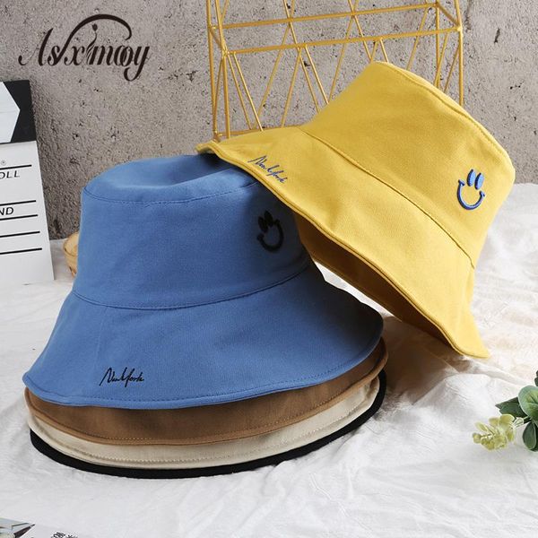 

wide brim hats sun for women basin chapeau bucket hat men smile embroidery hip hop fisherman cap panama bob caps unisex, Blue;gray