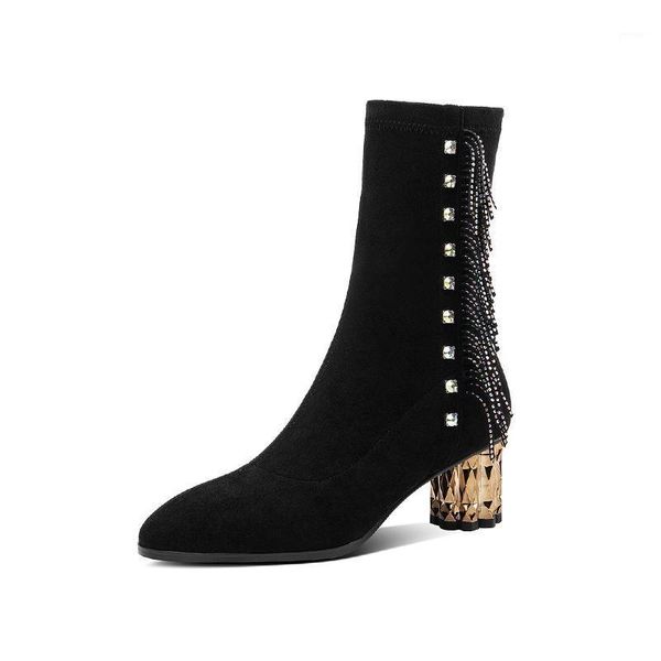 

patchwork cow suede leather female big size black boots dancing shoes woman winter elegant women mid-calf boots1