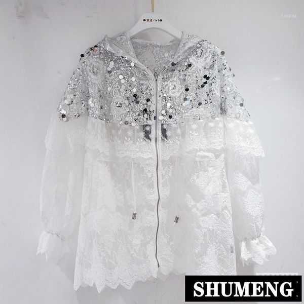 

streetwear lace jacket for women summer new fashion sequin stitching lace mid-length sunscreen hooded jacket coat1, Black;brown