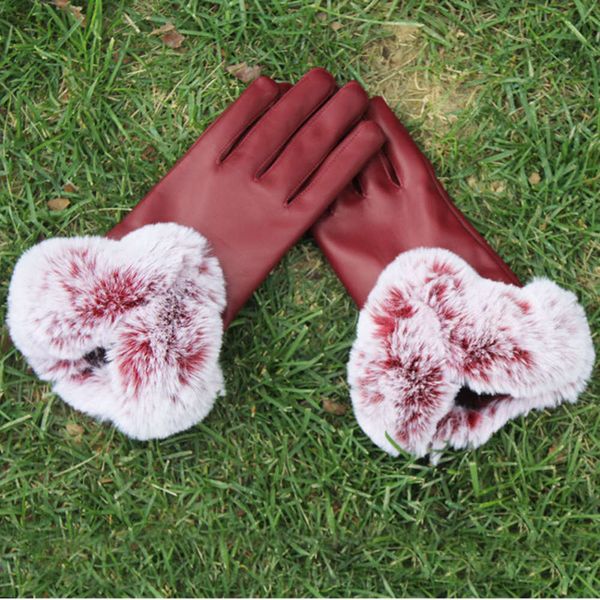 

leather touch screen imitation rabbit pu hair u-shaped fur gloves for women riding in autumn and winter, Blue;gray
