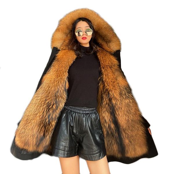 

women's fur & faux luxury clothes women parkas large size winter faction overcomes imitation raccoon coat super warm removable 402, Black