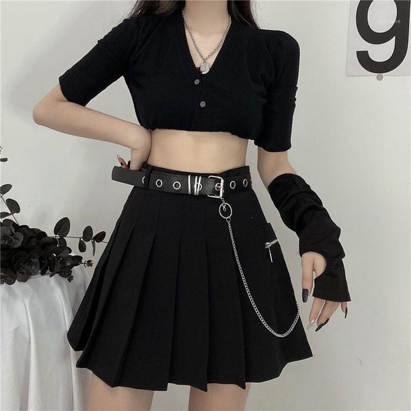 

new fashion gothic zipper short skirts high-waist tooling chain sashes chic female student black empire mini pleated-skirt1
