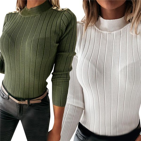 

elegant women autumn knitted t-shirts button o-neck long sleeve solid slim pullovers ladies basic streetwear harajuku, White