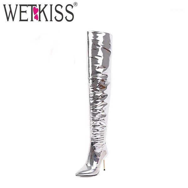 

boots wetkiss fashion shoes woman over the knee zipper thin high heels pointed toe female stiletto bar footwear 20211, Black