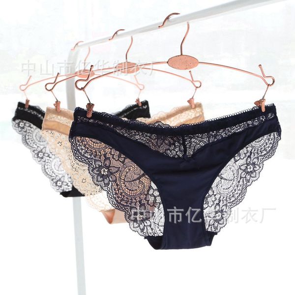 

lace nylon traceless bow hollow low waist briefs for women, Black;pink