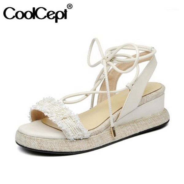 

coolcept woman sandals real leather lace up platform wedges summer shoes woman sweet fashion vacation footwear size 33-431, Black