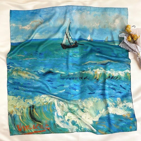 

women 90cm square silk handkerchief luxury ladies office foulard bandana retro oil painting ocean stewardess hostess neckerchief1, Blue;purple