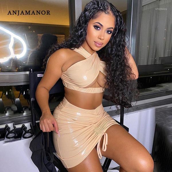 

anjamanor khaki pu leather two piece set cross hollow out halter crop and skirt club outfits for women dress d96-cd191, Gray