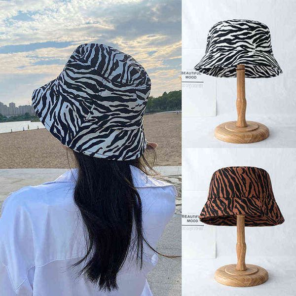 Mueraa estilo coreano zebra imprimia bucket chapéus de moda chapéus para mulheres meninas primavera verão retro mulher pesca tampões pescador chapéu g220311