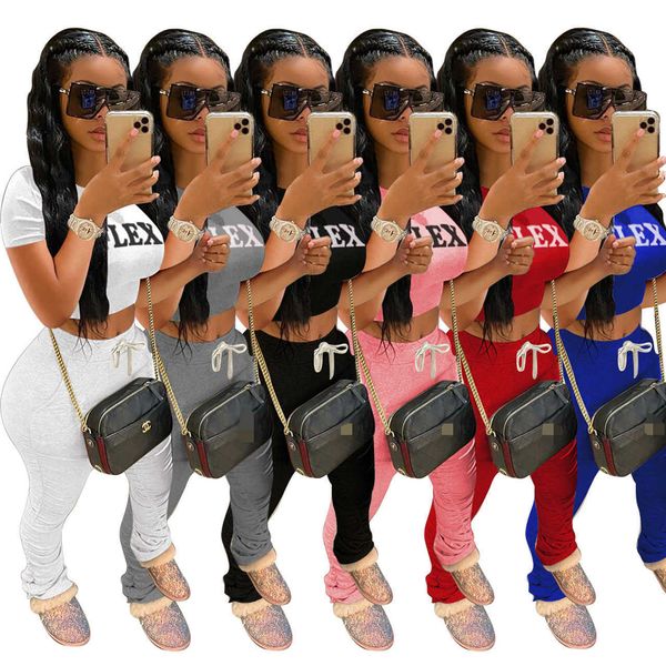 

womens letter print outfits short sleeve two piece set tracksuit jogging t shirt crop pants trousers sport suit 2022, Gray