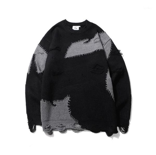 

harajuku color block hole frayed mens sweater o neck oversize streetwear sweaters pullover baggy hip hop couple clothing w13601, White;black