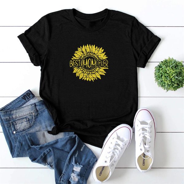 

lh20076 europe and america mom ever simple multicolor sunflower print casual round neck short sleeve t-shirt, White