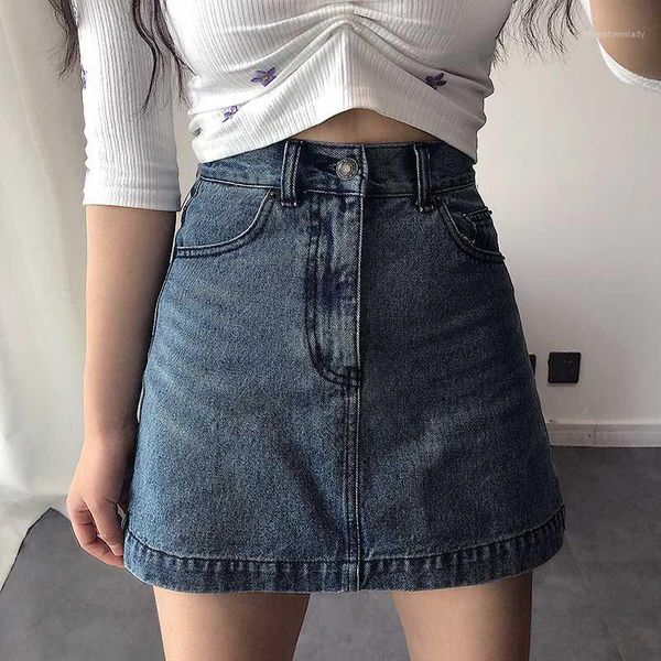 

skirts 2021 fashion summer chinese style a-line above knee, mini cowboy denim simple girl skirt womans q0121, Black