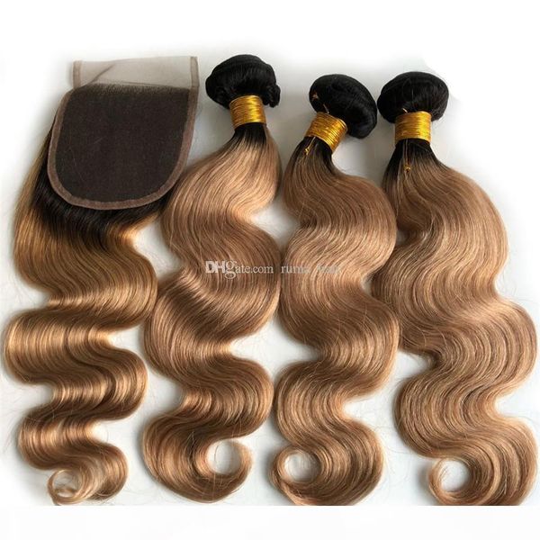

two tone 1b 27 bundles with lace closure dark roots ombre hair weaves with lace closure honey blonde body wave human weaves, Black;brown