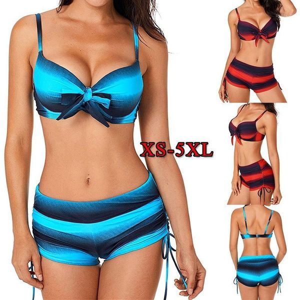 

large size women push up bikini set print two pieces swimwear tankini striped plus size swimsuit bow tied bathing suit 5xl1, White;black