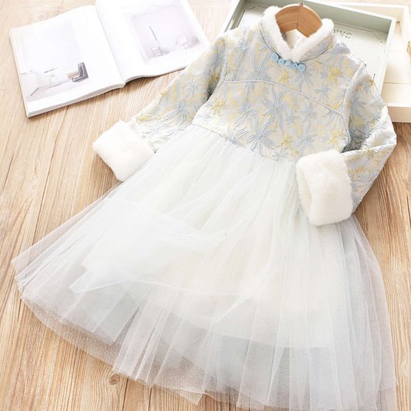 

mh winter long with sve vertical collar cotton stitching skirt girl's maple leaf cheongsam princs new year's drs 8x9t, Red;yellow