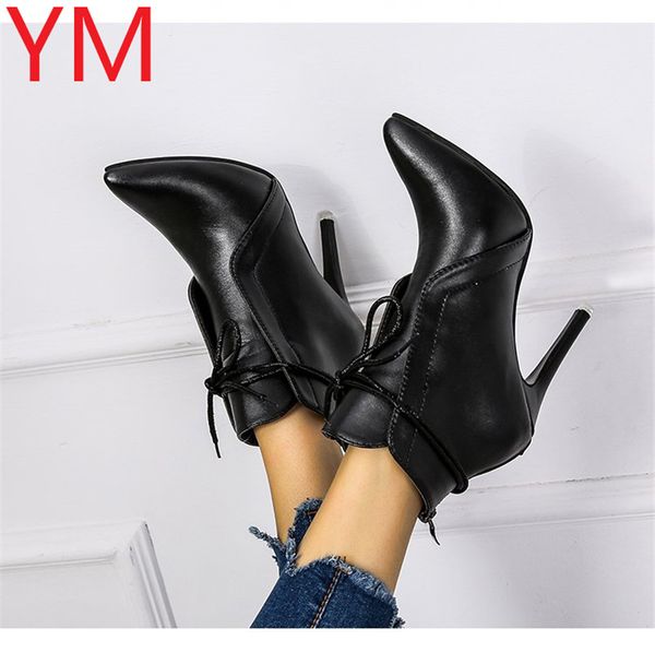 

2020 pointed toe women lace up ankle pu leather zip booties high heels autumn shoes black winter boots zapatos de mujer 41, Red;white