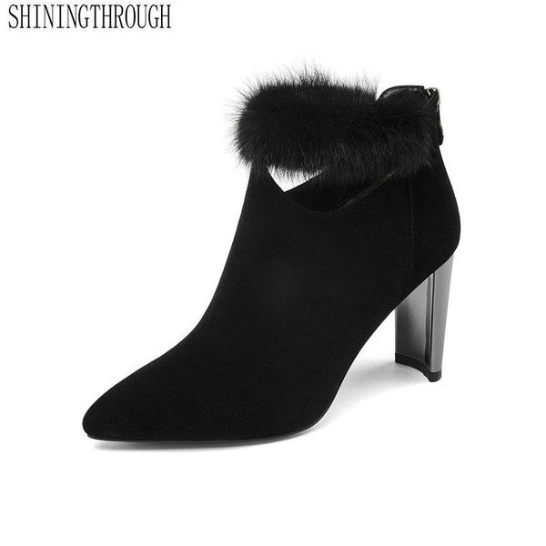 

genuine leather new women ankle snow boots autumn winter warm high heels shoes woman zipper fashion elegant ladies shoes, Black