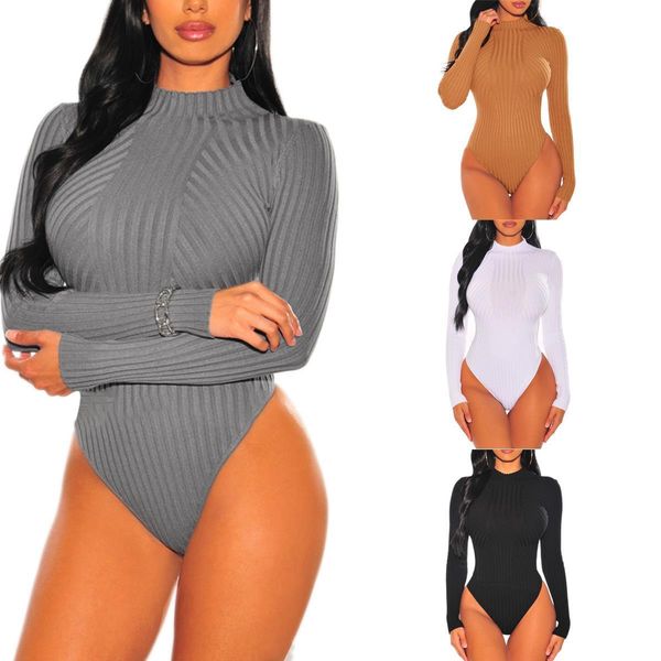 

women one piece ribbed knit bodysuit ladies autumn round neck long sleeve solid color elastic casual bandage sweater romper, Black;white