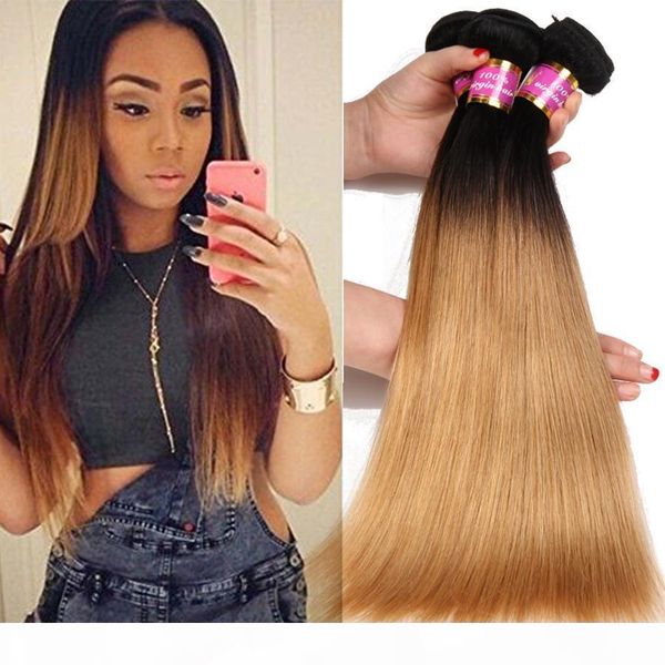 

7a grade ombre brazilian hair extensions 1b 27# ombre human hair weaves 3bundles lot 10-28inch silky straight virgin hair, Black;brown