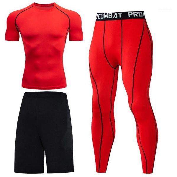 

running sets 3pcs/set men's thermal underwear quick dry workout set compression shirt and pants shorts sleeve sports suit1, Black;blue