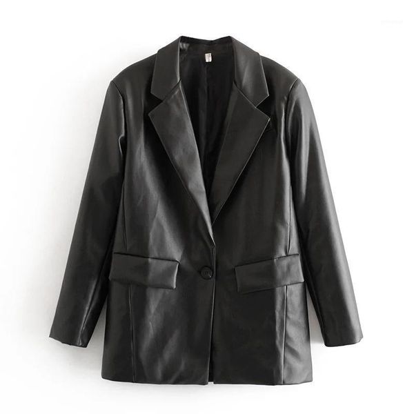 

fashion pu faux leather loose blazer retro pocket long sleeve back vent women jacket fashion 2020 women1, White;black