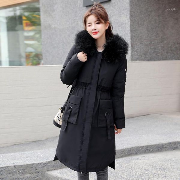 

2020 winter jackets women's slim hooded thick long coat ladies oversized solid with fur collar cotton padded casual woman parkas1, Black