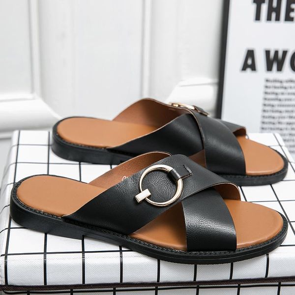 

luxury metal button designer slippers mayari florida arizona summer men flats sandals genuine leather slippers casual shoes beach flip flops, Black