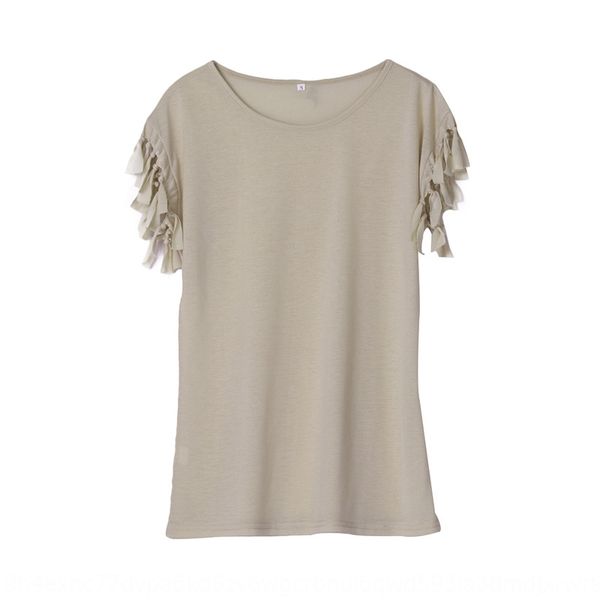 

2019 women's coat t-shirt new solid color casual round neck short sleeve cuff tassel knot t-shirt jrukr, White