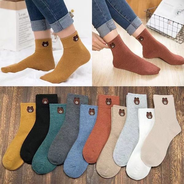

erakf women's autumn and winter online mid-length and sockspopular cotton sweat-absorbent cute bear cartoon cotton women's socks b, Black