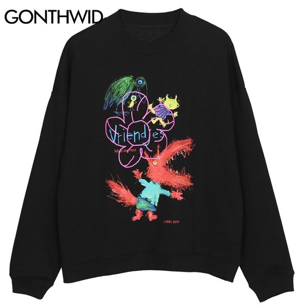 

gonthwid graffiti dinosaur flowers print sweatshirts hoodies streetwear hip hop casual pullover hoodie mens outwear 201113, Black