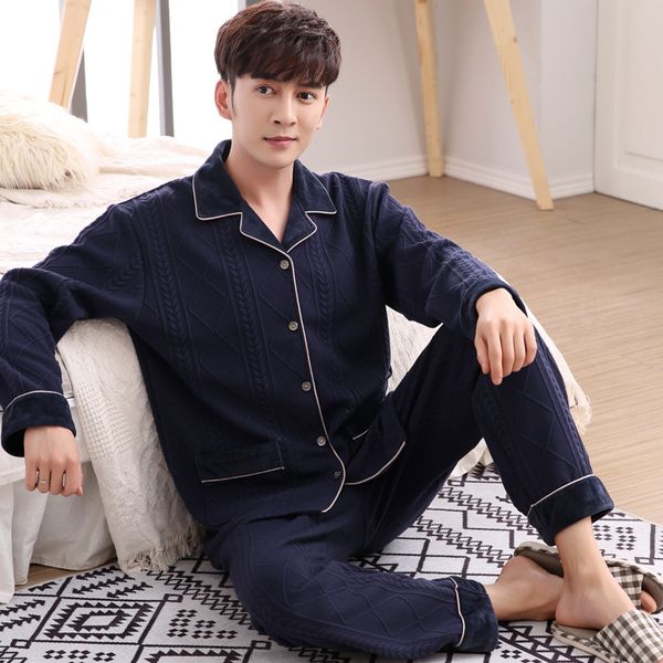

men autumn and winter mens pyjamas thin three-ply cotton padded suit plus size 3xl pajamas long-sleeve casual sleepwear, Black;brown