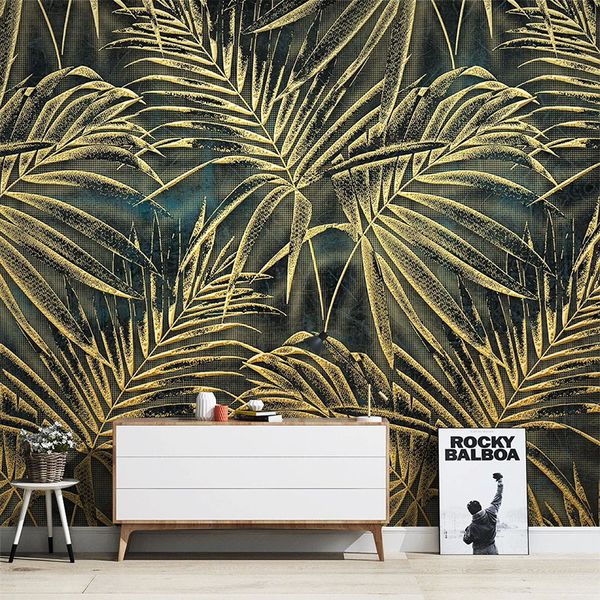 Oro rilievo su ordinazione murale 3D Wallpaper Tropical foglie delle piante Photo Wall Paper Soggiorno TV Divano Camera Decor Art Wallpapers