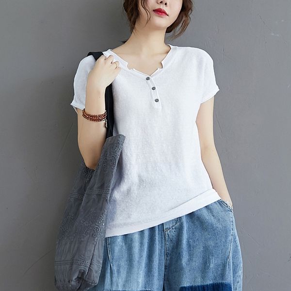 

jpfch 2020 new hemp knitted breathable slim fit cotton short sleeve ntozs cotton and linent-shirt art linent-shirt women v-neck, White;black