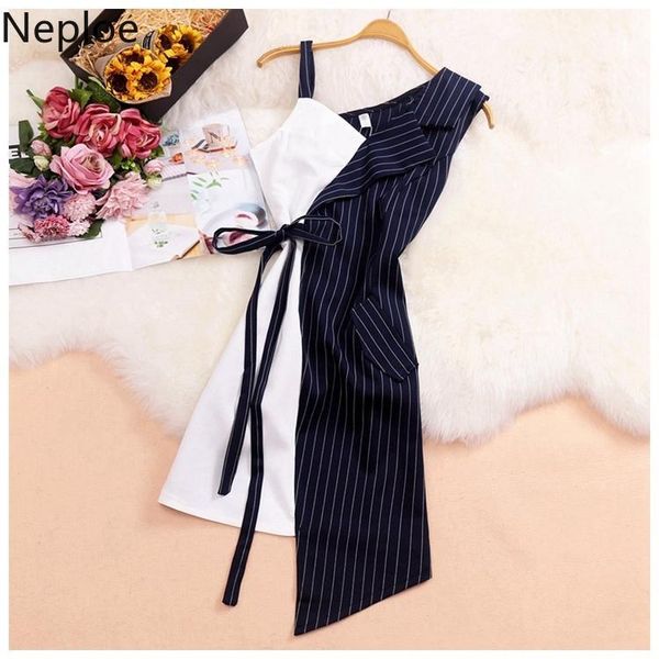 

neploe striped contrast color patchwork women dress sleeveless style lace up slim waist vestidos femme korean dresses 4a10351, Black;gray