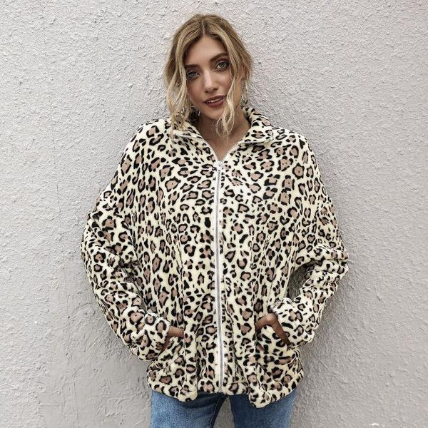 

fall winter women's warm coat leopard print loose long sleeve high neck side pocket zipper plush teddy jacket, Black;brown