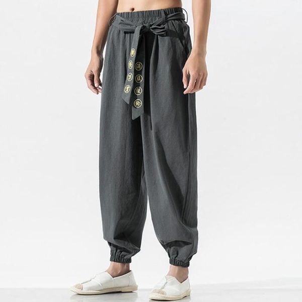 

chinese style casual men harem pants men jogger pants fitness trousers male linen1, Black