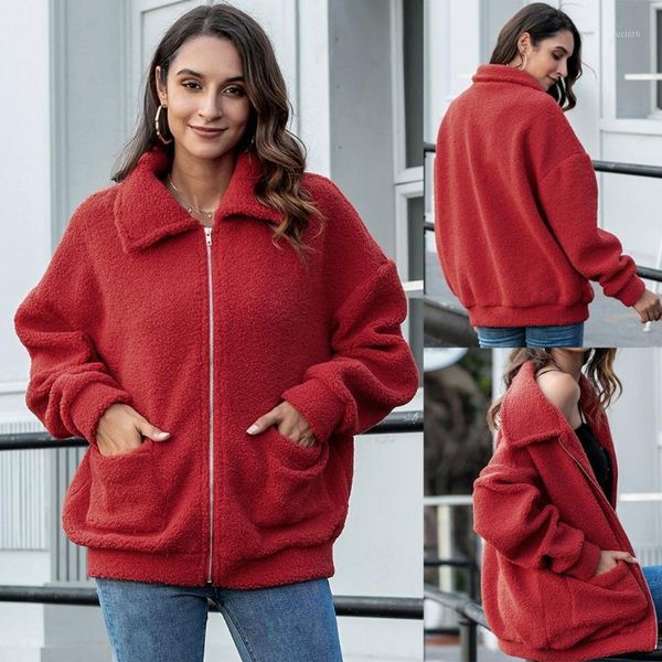 

fashion faux fur coat women lady 2021 casual villus long sleeve autumn winter warm blouse loose zipper plush coat jacket1, Black;brown