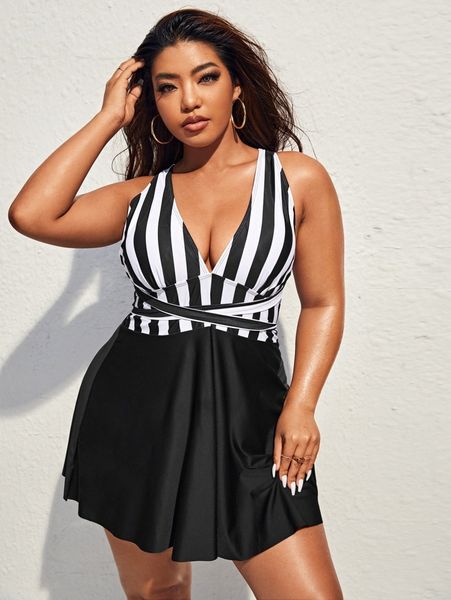 

plus striped tie back swim dress with panty i6lj#, Black