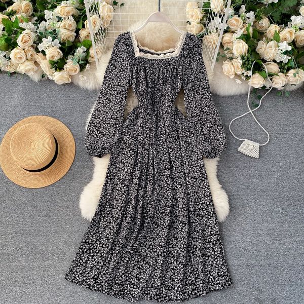 

2021 new female floral impression lace square collar puff the line dressed in autumn elastic ruched dress xa85, Black;gray