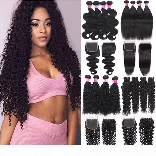 

brazilian virgin hair bundles with lace closure unprocessed malaysian peruvian indian human hair extensions kinky curly bundles with closure, Black;brown